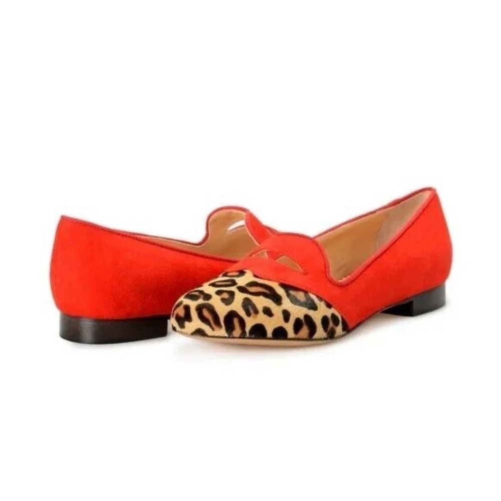 Charlotte Olympia Girls Red Pony Hair Leather Ballet Flats Leopard US11